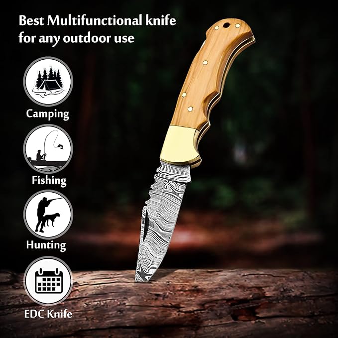 6.5 Inch Handmade Damascus Pocket knife for Men Folding Knife with back lock Small Pocket knife for Hunting Camping Hiking Damascus hunting knife with sheath Best EDC Camping Knife
