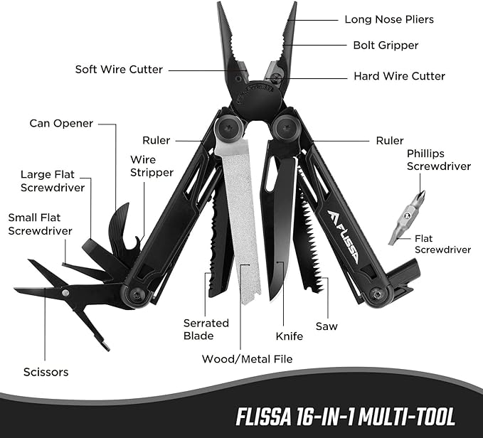 FLISSA Multitool, 16-in-1 Multitools with Sheath, Stainless Steel EDC Multitool, Pocket Knife, Bottle Opener, Screwdriver, Pocket Multi-Tool for Camping, Handwork, Hunting, Hiking, Fishing