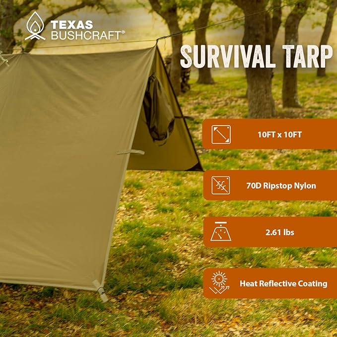 Emergency Camping Tarp, Waterproof 10x10 Emergency Shelter for Backpacking and Hiking, 70D Ripstop Nylon Survival Tarp with Reflective Aluminized Polymer and Loop Ties with Grommets