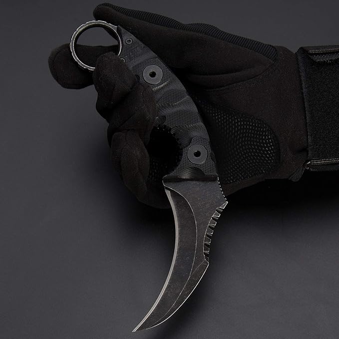 1911K Tactical Knife Fixed Blade Teeth Knife D2 curved Blade & G10 Handle for Outdoor Survival, Camping, Bushcraft and Hunting, with Sheath (Stonewashed, 180)