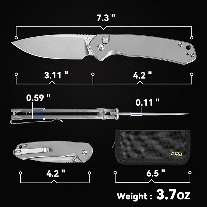 CJRB CUTLERY Pocket Knife Pyrite (J1925) Button Lock EDC Small Foldable Knife AR-RPM9 Steel Blade and Titanium Handle Silver Outdoor for Men Women for Gifts