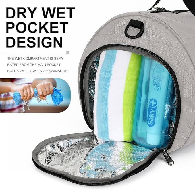 INOXTO Small Sports Gym Bag,Travel Duffel Bag with Dry Wet Pocket and Shoes Compartment for Women and Men,35L Waterproof Weekender Fitness bag For Swim Sports Travel Working Out (light grey 2)