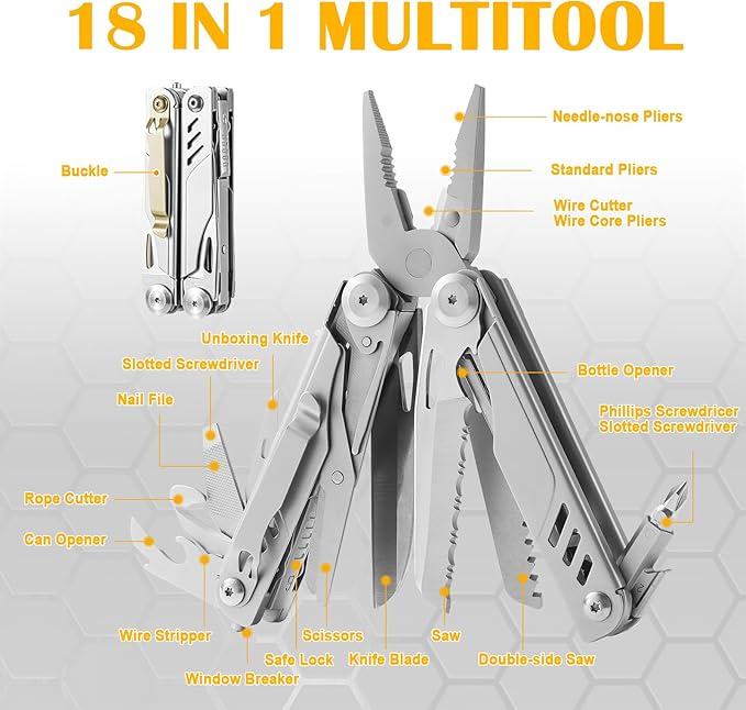 18-in-1 Multitool Pocket Size, Pliers with Knives, Scissors, Wire Cutter, Saw, Bottle Opener, Excellent Stainless Steel, Unique Gift, Essential Gear for Camping, Hiking, Fishing, Outdoor, DIY, EDC