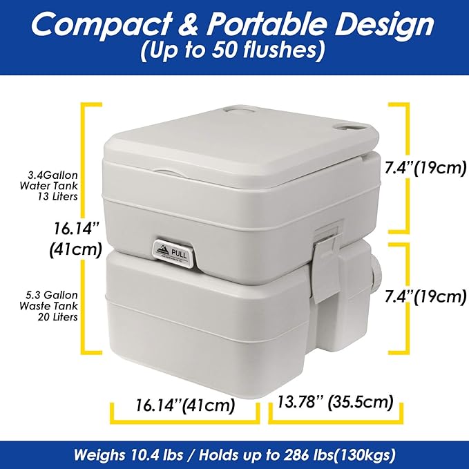 Portable 5.3 Gallon Camping Toilet with Carry Bag - Supports 286 LBS, 50 Flushes, Detachable Tanks