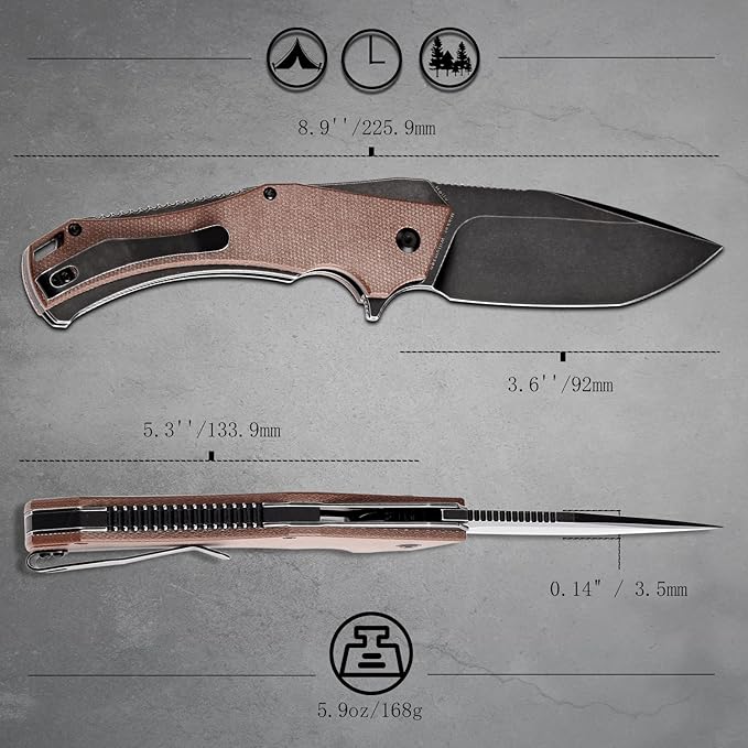 KANSEPT Hellx Pocket Folding Knives Button Lock for Men EDC Pocket Knife 3.6'' Black Stonewashed D2 Blade Excellent Folding Knife with Brown Micarta Handle EDC Knife T1008F2