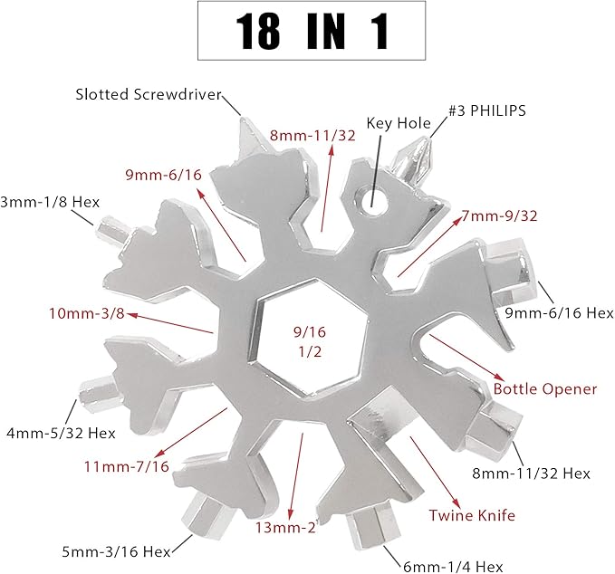 18-in-1 Snowflake Multi Tool, 4 Pack Stainless Steel Snowflake Bottle Opener/Flat Phillips Screwdriver Kit/Wrench, Durable and Portable to Take
