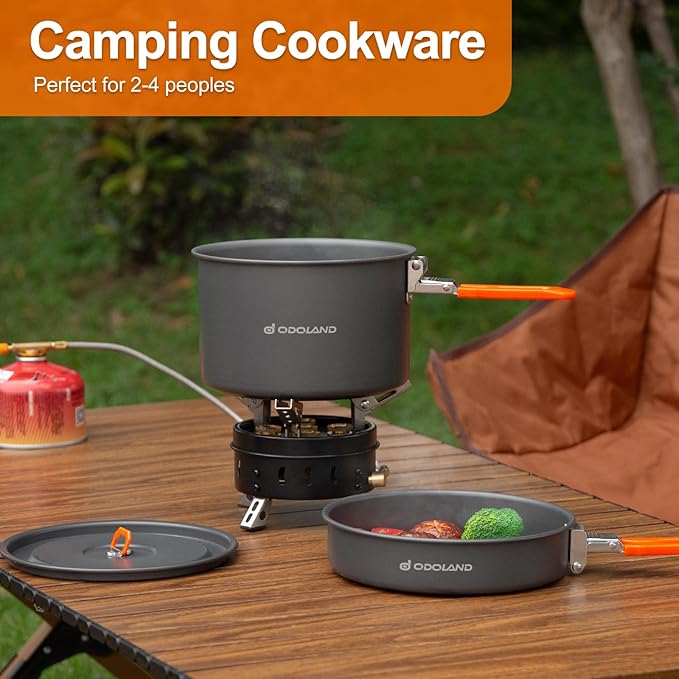Odoland Camping Cookware Mess Kit, Non-Stick Lightweight Camping Pot and Fry Pan Set with Mesh Bag for Camping, Backpacking, Outdoor Cooking and Picnic