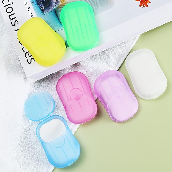 Pack of 12 Sets Travel Camping Hiking Washing Hand Bath Toiletry Sheets Paper Soap Slide Foaming Box (Color May Vary)