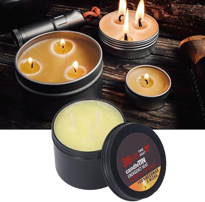 3 Wick Survival Candle, Beeswax Emergency Candle Natural Aroma 36 Hour Long Burning Candles, Outdoor Emergency Candle Light Source for Blackout, Camping, Fishing, Hunting