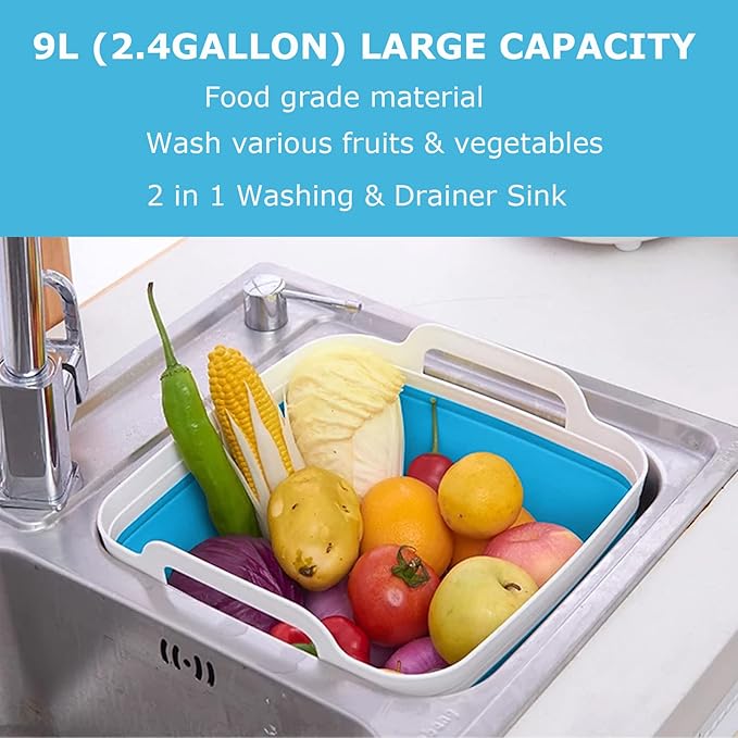 Dishpan for Washing Dishes,9L Collapsible Dish Tub Portable Sink,Wash Dish Basin,Foldable Laundry Tub,Washing Basin with Drain Plug,Dishpan for Kitchen Sink,Camping Dish Washing Tub,Blue
