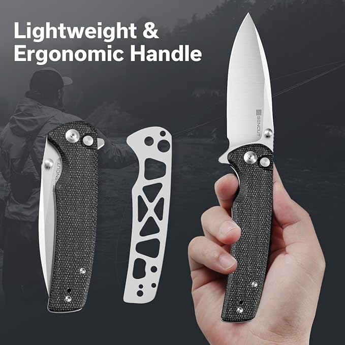 SENCUT Sachse Pocket Knife Folding Knife for EDC, Black Micarta Handle Satin 9Cr18MoV Blade Foldable Small Knife with Clip, Button Lock Everyday Carry Knife for Men Women Indoor Outdoor Gift S21007-1