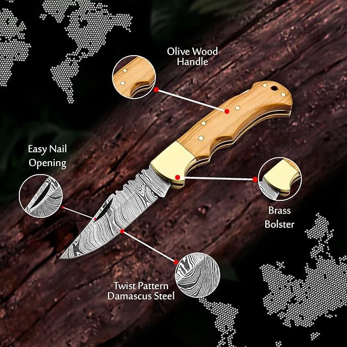 6.5 Inch Handmade Damascus Pocket knife for Men Folding Knife with back lock Small Pocket knife for Hunting Camping Hiking Damascus hunting knife with sheath Best EDC Camping Knife