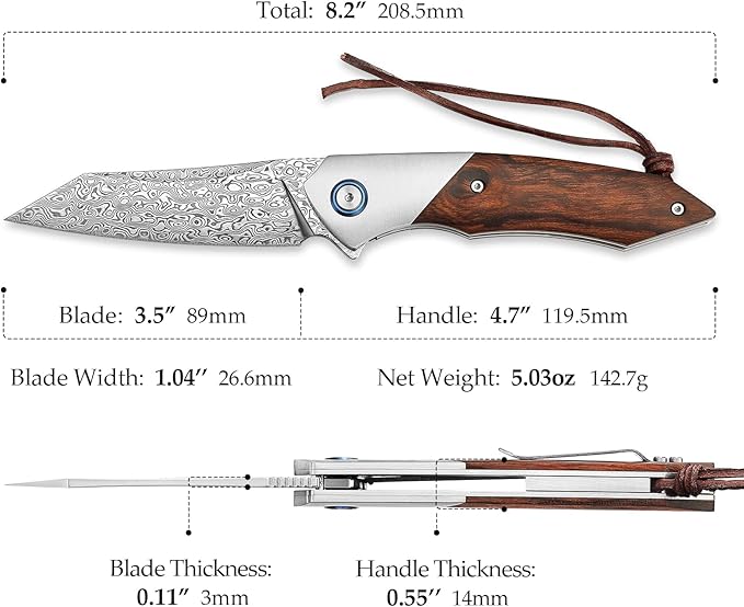 3.5" Damascus EDC Folding Pocket Knife with Clip for Men, Handmade Leather Sheath for Belt,Steel Bolster & Ironwood Handle,Ball Bearings Pivot,Everyday Carry Outdoor,Vul-01