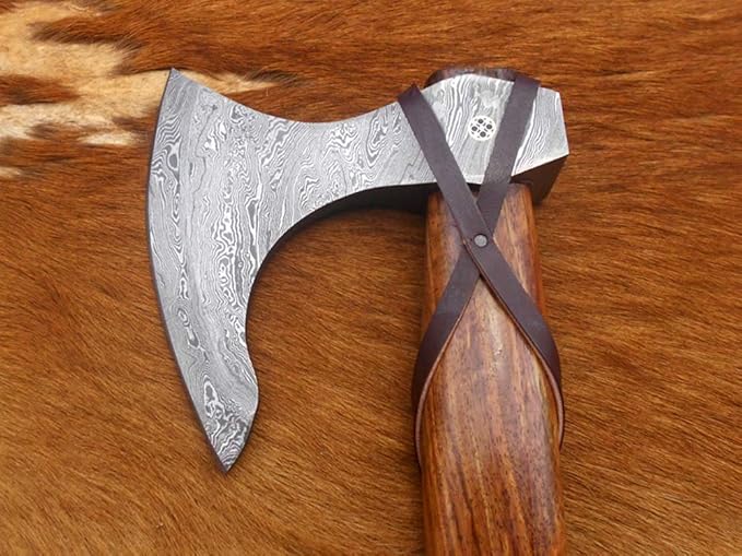 20 Inches Long Damascus Steel Tomahawk Axe, Rose Wood with Wrapped Leather Handle Bearded Hiking Axe, Hand Forged Damascus Steel Camping Axe, Thick Cow Hide Leather Sheath