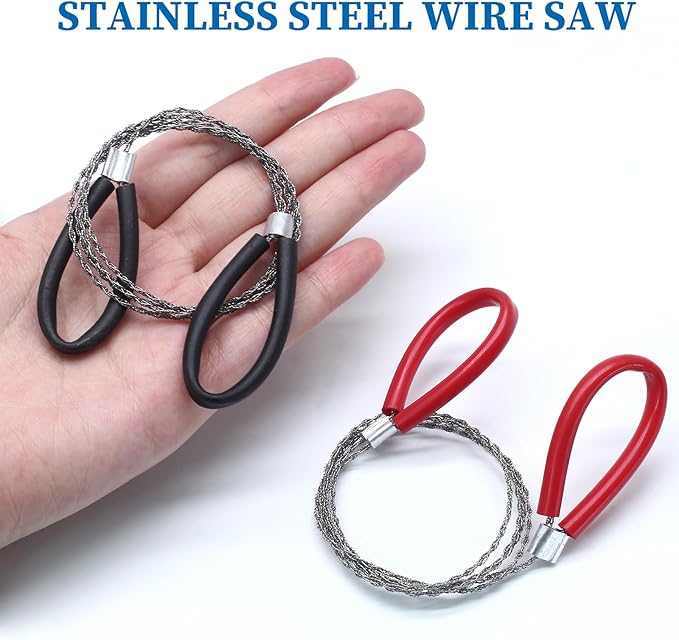 2 Pcs Survival Wire Saw, Heavy Duty Emergency Steel Wire Saw, Pocket Size Outdoor Tool for Cutting Wood Rubber Plastic (Black, Red)