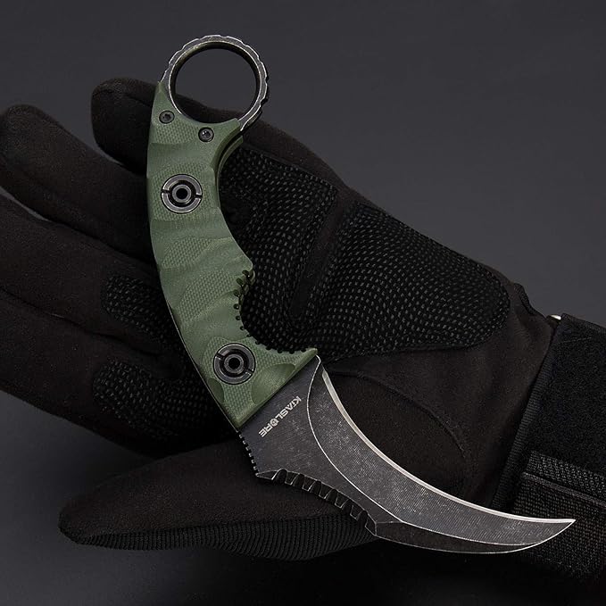 1911K Tactical Knife Fixed Blade Teeth Knife D2 curved Blade & G10 Handle for Outdoor Survival, Camping, Bushcraft and Hunting, with Sheath (Stonewashed OD Green, 180)