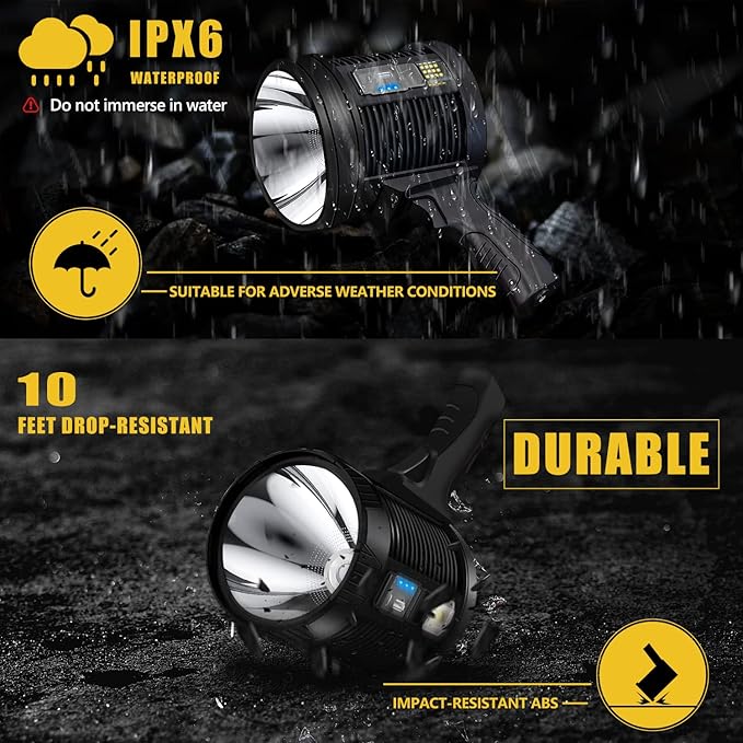 1000000 Lumens Spotlight, 6 Modes Super Bright Rechargeable Spotlight Flashlight, IPX6 Waterproof Outdoor Handheld Spot Lights for Marine Hunting Boating, XXX-Large with Tripod