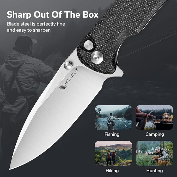 SENCUT Sachse Pocket Knife Folding Knife for EDC, Black Micarta Handle Satin 9Cr18MoV Blade Foldable Small Knife with Clip, Button Lock Everyday Carry Knife for Men Women Indoor Outdoor Gift S21007-1