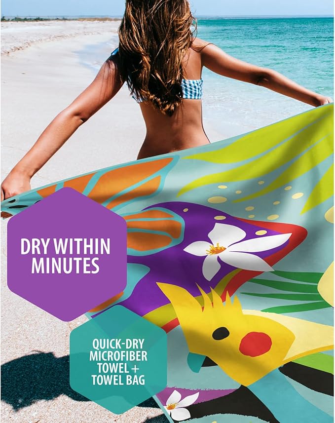 VENTURE 4TH Microfiber Beach Towel: Quick-Dry, Compact, Sand-Free, Absorbent, Sandproof and Lightweight - Perfect for Camping, Beach, and Roadtrips (Turquoise Cockatoo Design | 35x78 inches)