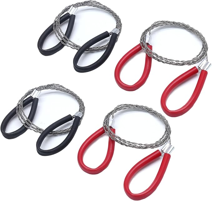 4 Pcs Survival Wire Saw, Heavy Duty Emergency Steel Wire Saw, Pocket Size Outdoor Tool for Cutting Wood Rubber Plastic (Black, Red)