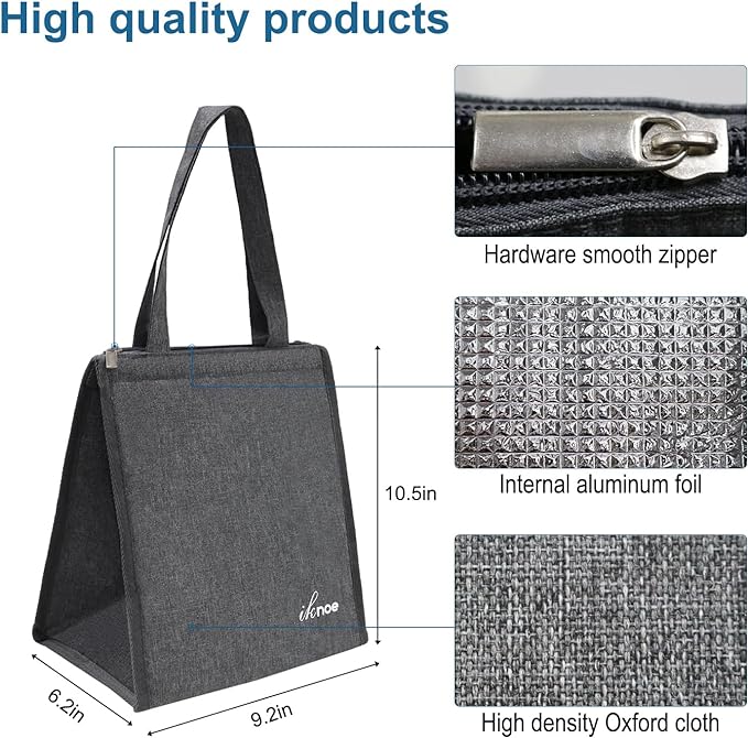 iknoe Lunch Bag Insulated Lunch Bags for Women & Men, 9L Reusable Lunch Tote, Portable Adult Thermal Large Lunch Cooler for Work Picnic Beach (Plain Grey)