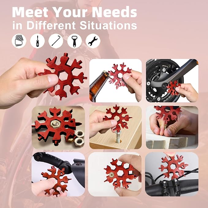 18 in 1 Snowflake Multi Tool, Phillips Flat Screwdriver Kit/Wrench/Bottle Opener, EDC Camping Gear, Gifts for Men (Red)