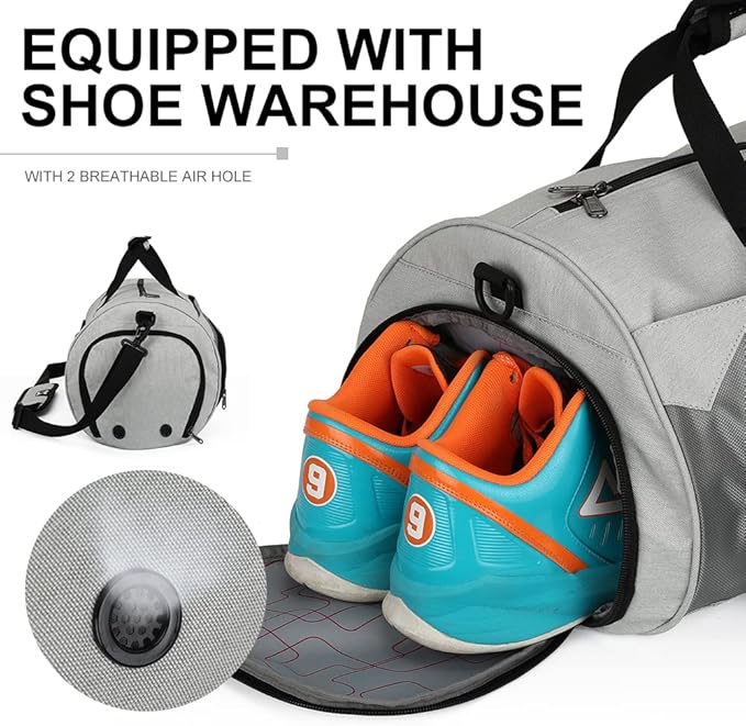 INOXTO Small Sports Gym Bag,Travel Duffel Bag with Dry Wet Pocket and Shoes Compartment for Women and Men,35L Waterproof Weekender Fitness bag For Swim Sports Travel Working Out (light grey 2)