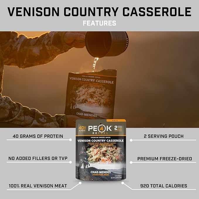 Peak Refuel Venison Country Casserole | Chad Mendes Signature Meal | Premium Freeze-Dried Variety Meals | Hunting, Survival, Camping, Backpacking Food | High-Protein Game Meats | MRE | Made in USA