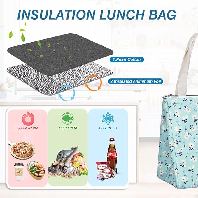 iknoe Insulated Lunch Bag for Women, 9L Durable Wide-Open Foldable & Portable Lunch Tote with Interior Pockets, Water-resistant Thermal Lunch Cooler for Adults (Floral)