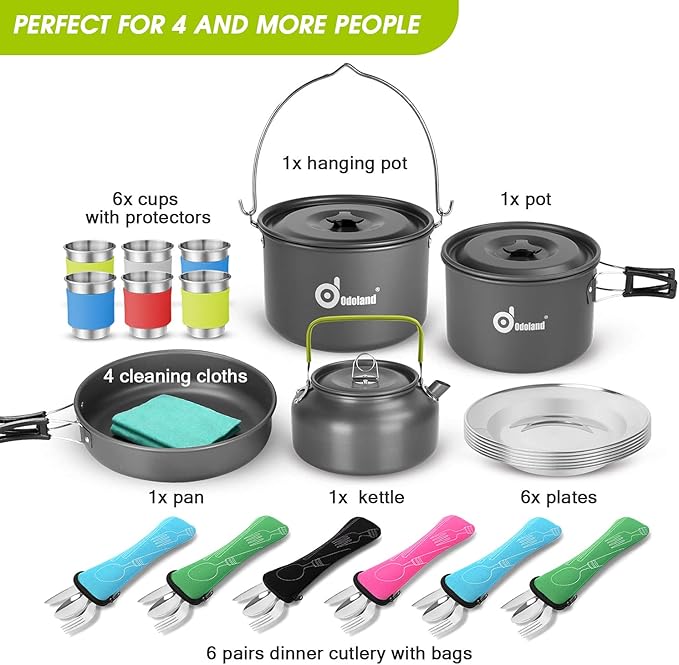 Odoland 39pcs Camping Cookware Mess Kit, Non-Stick Large Size Hanging Pot Pan Kettle with Base Dinner Cutlery Sets for 6 and More, Cups Dishes Forks Spoons Kit for Outdoor Camping Hiking Picnic
