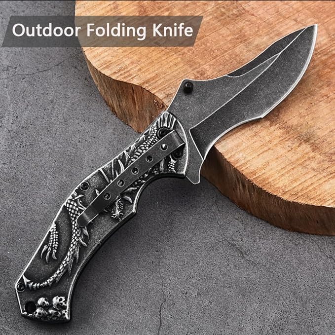 3D embossed folding knife, outdoor knife for camping, barbecue, fishing, cutting (Flying Dragon)
