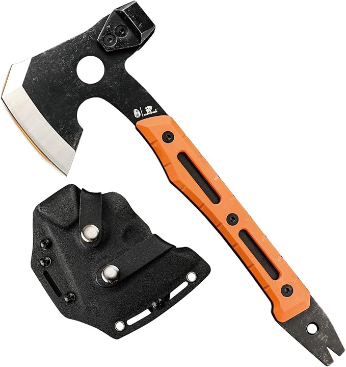 HX Outdoors Multifunctional Splitting Axe, Full Tang Survival Camping Tactical Wood Hatchet,Camp Bushcraft Hand Axes with Hammer and Nail Puller (Orange)
