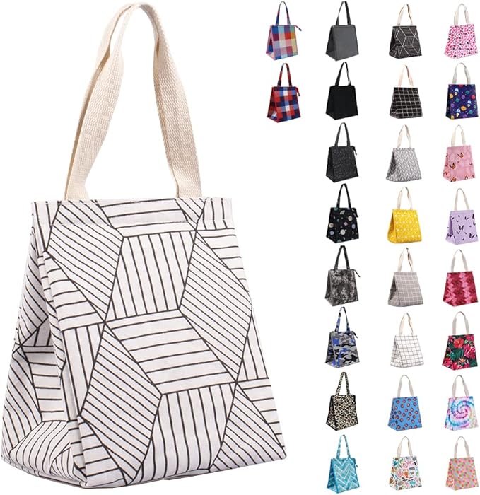 iknoe Insulated Lunch Bag for Women, 9L Sturdy Wide-Open Foldable & Portable Lunch Tote with Interior Pockets, Water-resistant Thermal Lunch Cooler for Adults Picnic Beach (White Rhombus)