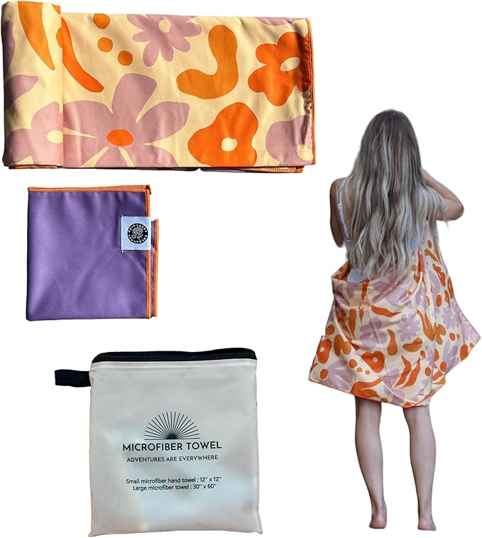 Beach & Travel Towel Set-Compact & Absorbent Microfiber Towel-Large Beach Towel- Recycled Material. (Purple Flower, Flora)