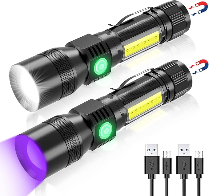 3-in-1 Super Bright Black Light Flashlight, 1200 Lumens, 7 Modes, Zoomable, IPX6 Waterproof, UV Light, Pet Clothing Detection, 2 Pack