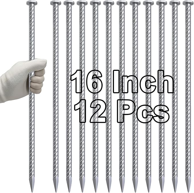 VVOKGO 16 Inch Rebar Stakes 1/2 Inch Diameter Galvanized Steel Ground Anchors Heavy Duty,Metal Asphalt Anchoring Spikes for Speed Bump, Handicap Threshold Ramps,Parking Limits Curb and Tent (12 Pack)