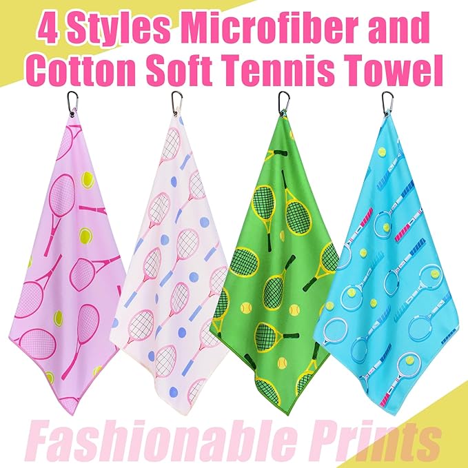 4 Pcs Tennis Towel 15 x 17 Inch Soft Tennis Prints Towels Absorbent Fast Drying Funny Tennis Towel with Carabiner Clip Tennis Hand Towels Tennis Gift for Women Men Team Sports Tennis Accessories