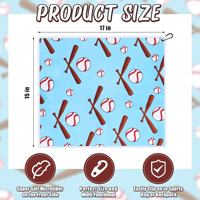 6 Pcs Soft Baseball Towel 15 x 17 Inch Absorbent Fast Drying Baseball Towel Baseball Gift for Women Funny Hand Towel with Clip for Women Men Sports Player Fitness Baseball Accessories