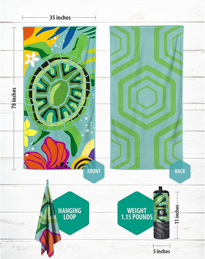 VENTURE 4TH Microfiber Beach Towel: Quick-Dry, Compact, Sand-Free, Absorbent, Sandproof and Lightweight - Perfect for Camping, Beach, and Roadtrips (Turquoise Turtle Design | 35x78 inches)