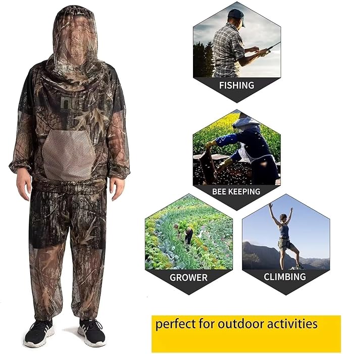 Mosquito Net Suit Camo Hunting Mesh Suit Bug Net Clothing with Hood Outdoor Protection No-See-Ums Garden Camping