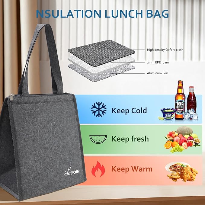 iknoe Lunch Bag Insulated Lunch Bags for Women & Men, 9L Reusable Lunch Tote, Portable Adult Thermal Large Lunch Cooler for Work Picnic Beach (Plain Grey)
