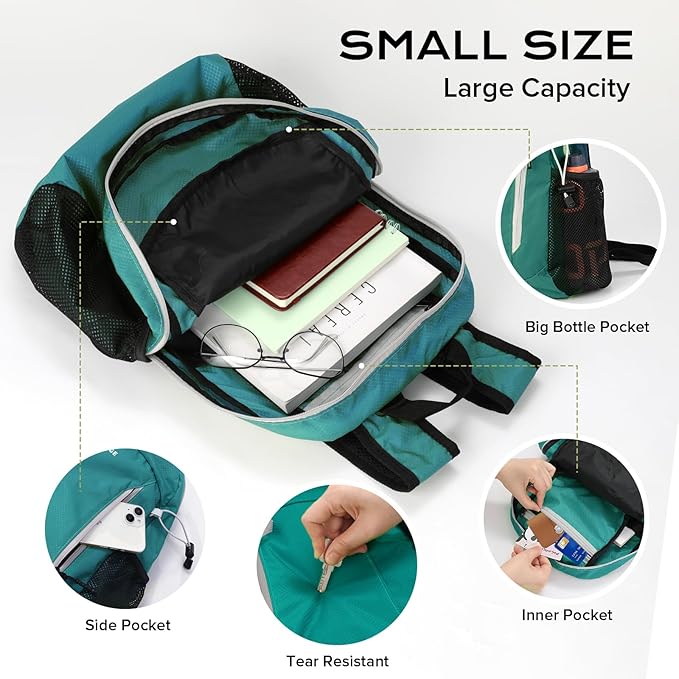 15L Highly Water-resistant Hiking Daypack, Small Backpack Travel Outdoor, Lightweight Day Pack with Tool Loops(Light Green)