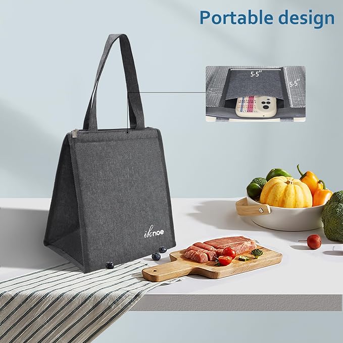 iknoe Lunch Bag Insulated Lunch Bags for Women & Men, 9L Reusable Lunch Tote, Portable Adult Thermal Large Lunch Cooler for Work Picnic Beach (Plain Grey)