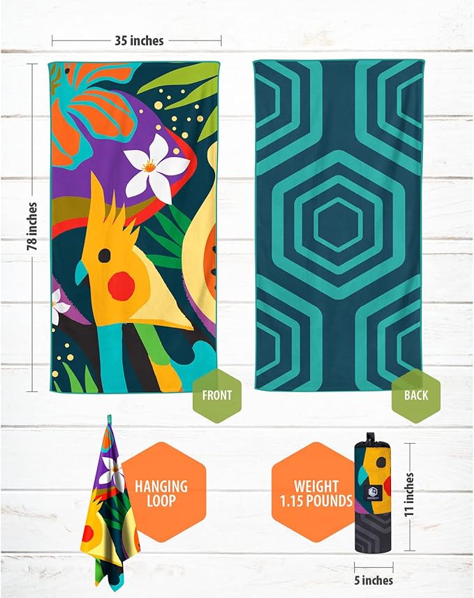 VENTURE 4TH Microfiber Beach Towel: Quick-Dry, Compact, Sand-Free, Absorbent, Sandproof and Lightweight - Perfect for Camping, Beach, and Roadtrips (Rainforest Cockatoo Design | 35x78 inches)