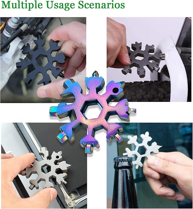 18-in-1 Snowflake Multi Tool Portable Stainless Steel Snowflake Bottle Opener/Flat Phillips Screwdriver Kit/Wrench Tools for Outdoor Camping Tool ,Christmas Gift (1Gold+2Silver+2Black +2Colorful)