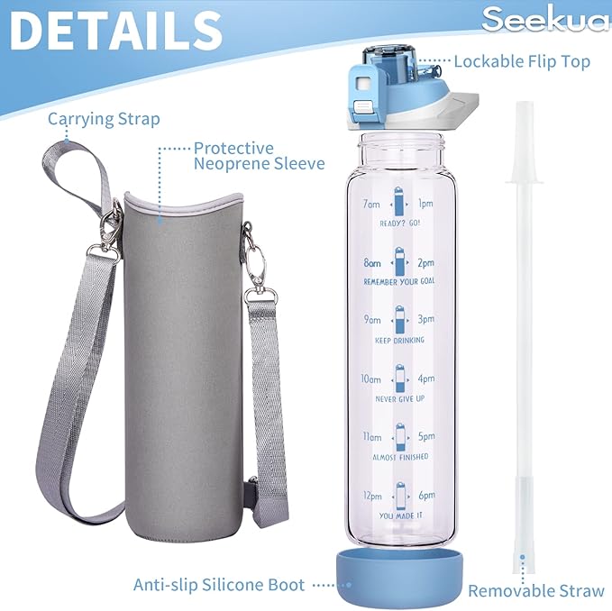 32 oz Sports Glass Water Bottle with Straw and Time Marker, Large Resuable Motivational Glass Drinking Bottle for Infused Water, Fruit, Smoothie, Coffee