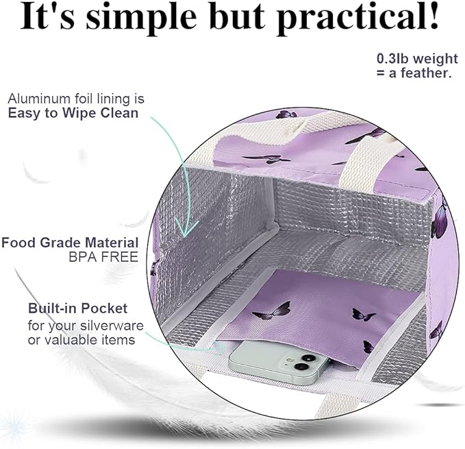 iknoe Insulated Lunch Bag for Women, 9L Durable Wide-Open Foldable & Portable Lunch Tote with Interior Pockets, Water-resistant Thermal Lunch Cooler for Adults Picnic Beach (Purple Butterfly)
