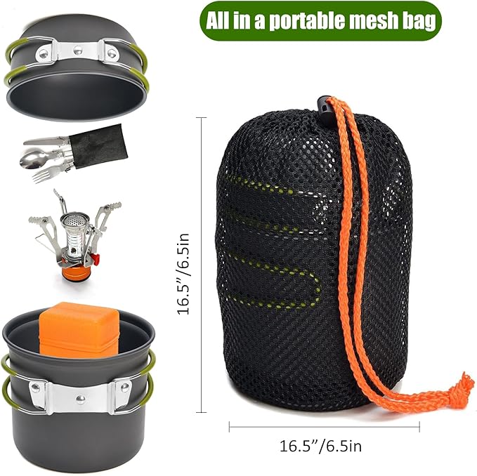 Camping Cookware Set Portable Backpacking Stove Kit, Mini Camp Stove with Non-Stick Lightweight Pots Pans and Stainless Steel Fork Knife Spoon for Outdoor Camping Hiking Cooking Gear