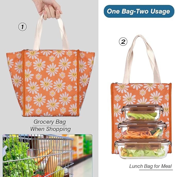 iknoe Insulated Lunch Bag for Women, 9L Durable Wide-Open Foldable & Portable Lunch Tote with Interior Pockets, Water-Resistant Thermal Lunch Cooler for Adults Picnic Beach (Daisy)