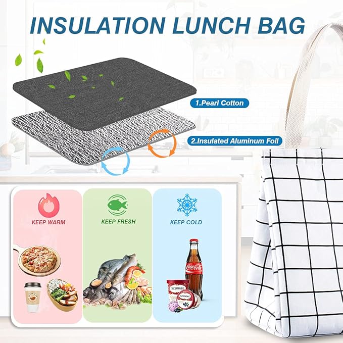 iknoe Insulated Lunch Bag for Women, 9L Sturdy Wide-Open Foldable & Portable Lunch Tote with Interior Pockets, Water-resistant Thermal Lunch Cooler for Adults Picnic Beach (White Plaid)